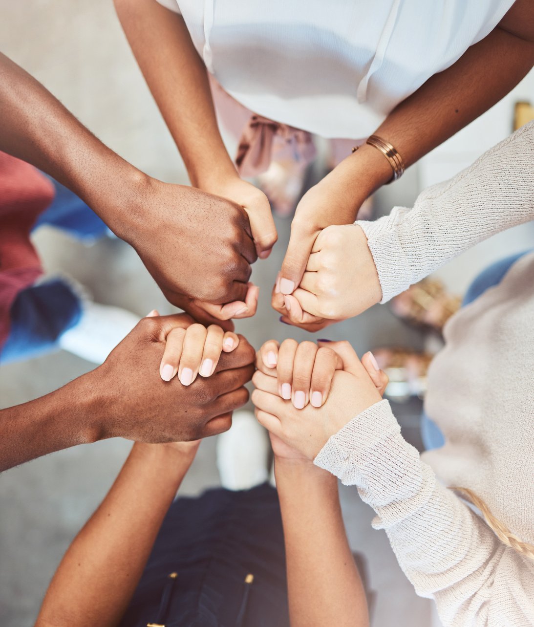 Support, Prayer and Trust with People Holding Hands in Counseling for Mental Health, Wellness or Teamwork. Worship, Hope and Community Group  for Help, Solidarity or Spiritual Faith from above